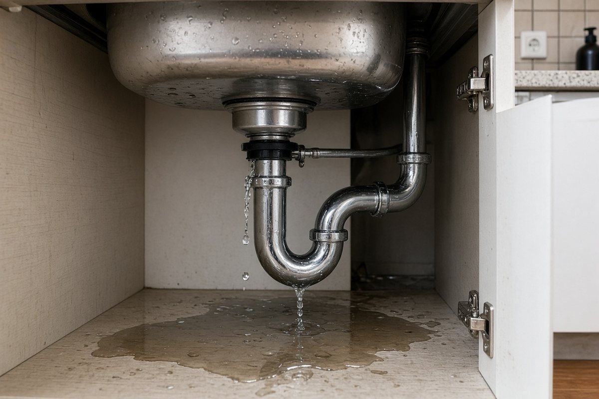 Fuite d'eau sous un évier avec flaque au sol dans un appartement parisien