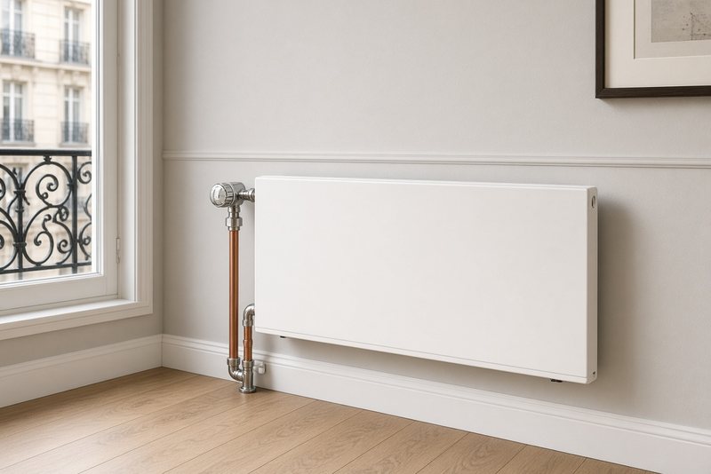 Radiateur et tuyauterie cuivre dans un appartement haussmannien de Paris 6
