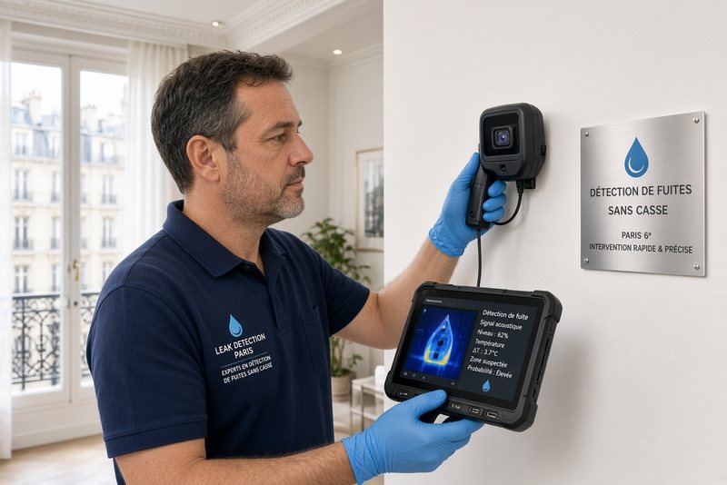 Détection de fuite d'eau à la caméra thermique sur un mur d'appartement parisien