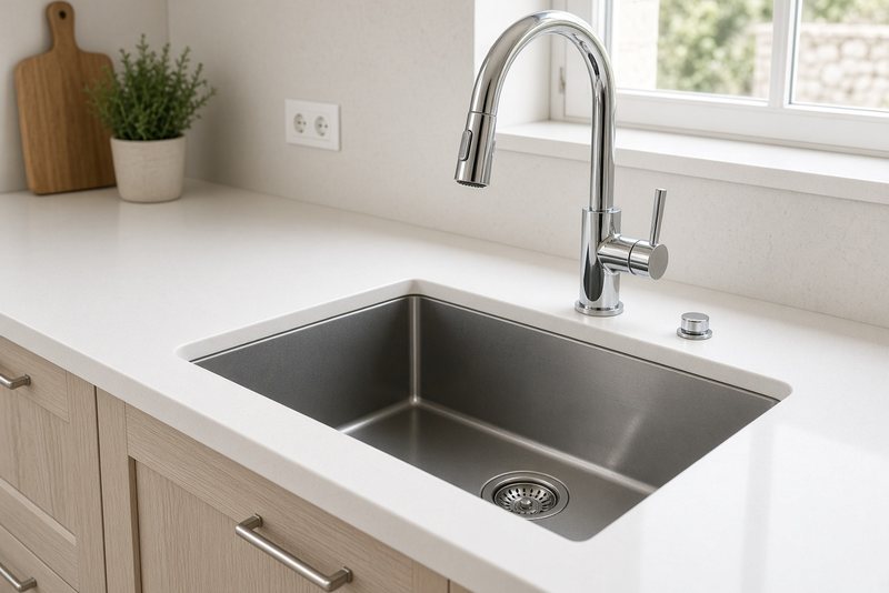 Évier inox et mitigeur à douchette extractible installés dans une cuisine parisienne