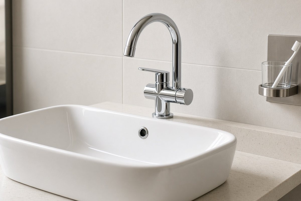 Mitigeur chromé installé sur une vasque de salle de bain à Paris 6
