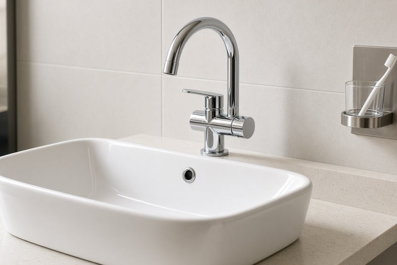 Mitigeur chromé neuf installé sur une vasque de salle de bain à Paris 6