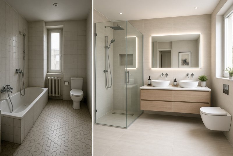 Salle de bain avant et après rénovation dans un appartement de Paris 6