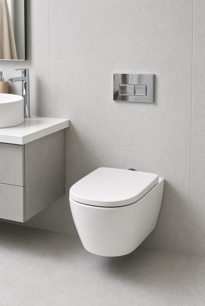 WC suspendu avec plaque de commande chromée installé à Paris 6
