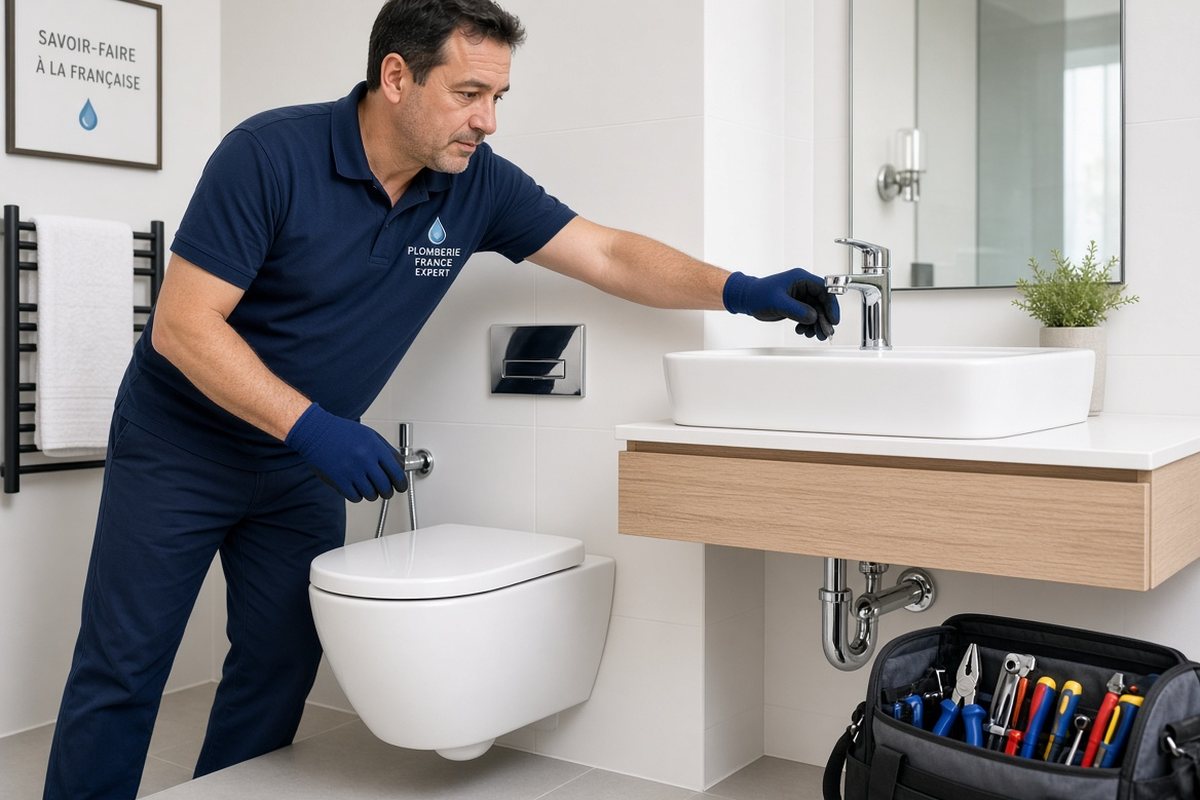 Plombier installant un WC suspendu et un plan vasque dans une salle de bain de Paris 6